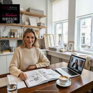 Eleganckie stanowisko projektantki wnętrz : próbki forniru i kamienia na drewnianym blacie w miękkim świetle - kurs premium na żywo w Studio Forma
