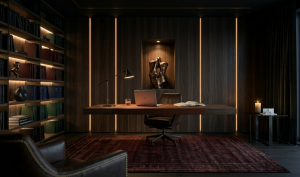Wizualizacja luksusowego gabinetu z nocną panoramą miasta i podświetlaną biblioteką — projekt wykonany w 3ds Max i Corona Render, kurs projektowania wnętrz Studio Forma Warszawa