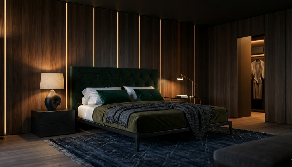 Wizualizacja luksusowej sypialni z drewnianymi lamelami i zielonym aksamitem — projekt kursanta Studio Forma wykonany w 3ds Max i Corona Render