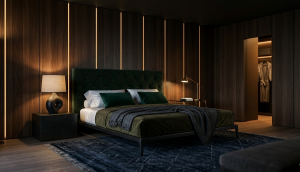 Wizualizacja luksusowej sypialni z drewnianymi lamelami i zielonym aksamitem — projekt kursanta Studio Forma wykonany w 3ds Max i Corona Render