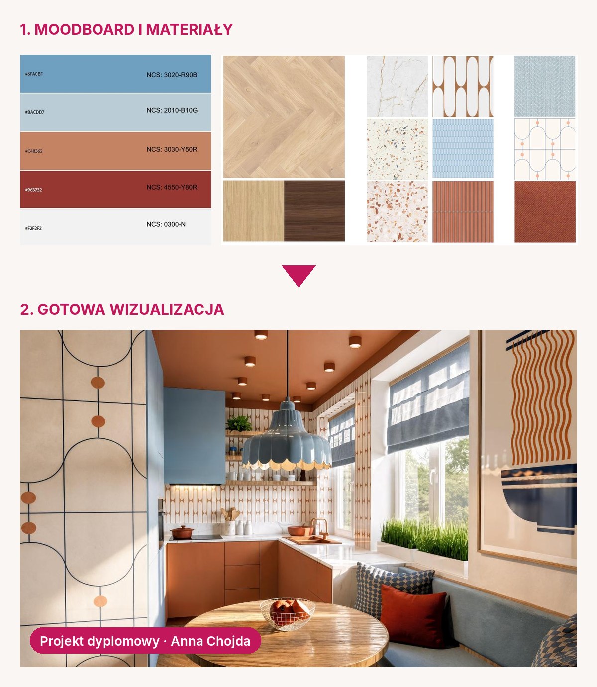 Od moodboardu i próbek materiałów do gotowej wizualizacji kuchni – projekt dyplomowy Anny Chojdy, kurs projektowania wnętrz Studio Forma Warszawa